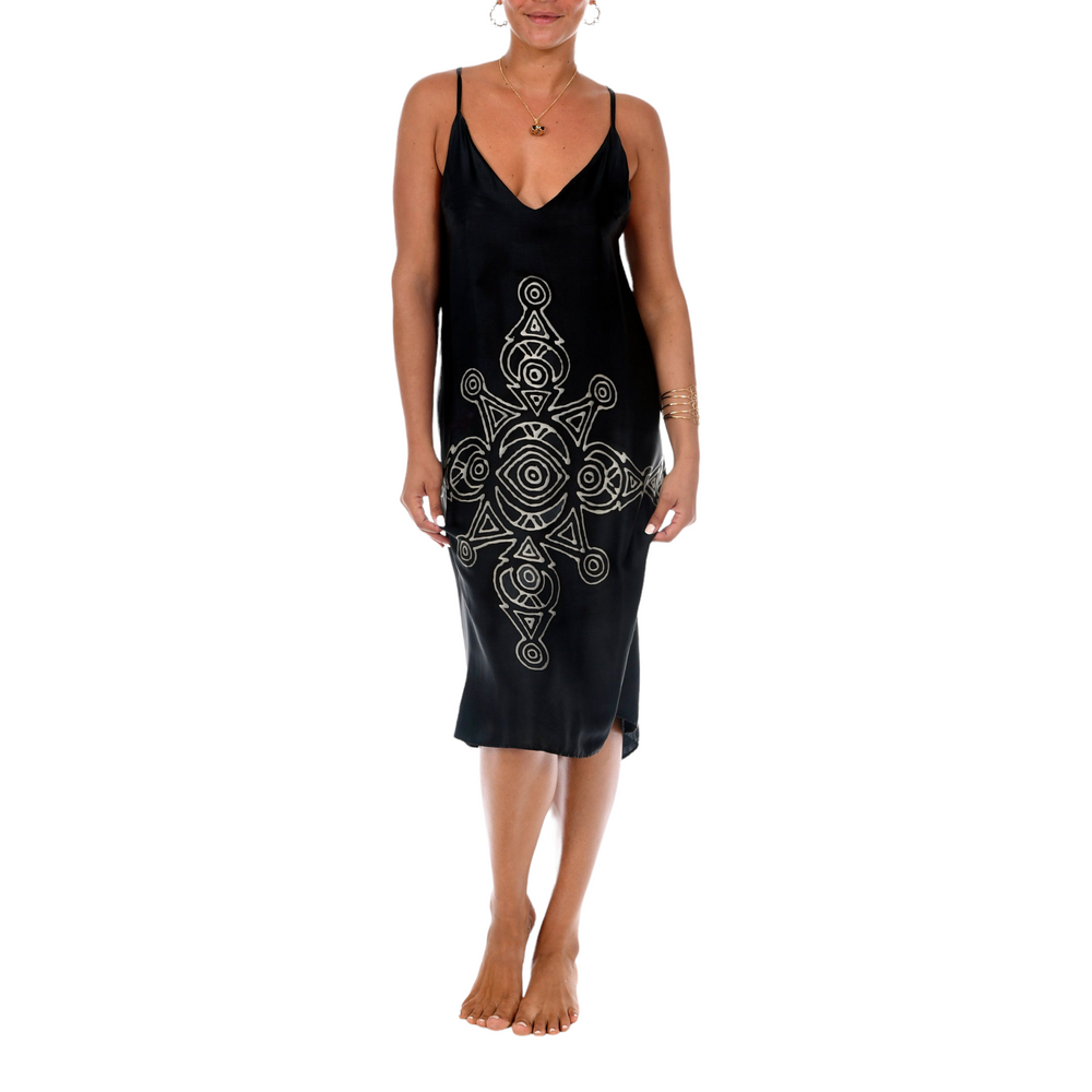 Black Mandala Silk Dress